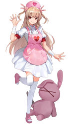 Rule 34 | 1girl, apron, bandaged arm, bandages, blonde hair, breasts, dress, eyelashes, full body, hair ornament, hat, heart, heart print, highres, long hair, looking at viewer, medium breasts, modare, natori sana, nurse cap, open mouth, pink apron, pink footwear, pink hat, puffy short sleeves, puffy sleeves, rabbit hair ornament, red eyes, sana channel, shoes, short dress, short sleeves, short twintails, simple background, smile, solo, standing, standing on one leg, stuffed animal, stuffed rabbit, stuffed toy, thighhighs, thighs, twintails, virtual youtuber, waving, white background, white dress, white thighhighs, wing collar, wrist wrap, x x, zettai ryouiki