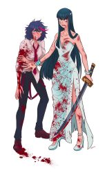 Rule 34 | 10s, 2girls, blood, blood on clothes, bloody clothes, bloody dress, blue eyes, carrying, clenched teeth, denim, dress, herokick, high heels, highres, holding, holding sword, holding weapon, jeans, kill la kill, kiryuuin satsuki, matoi ryuuko, messy hair, multicolored hair, multiple girls, necktie, one eye closed, pants, streaked hair, suspenders, sword, teeth, weapon