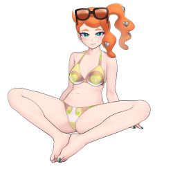 Rule 34 | 1girl, absurdres, alternate costume, arm support, barefoot, bikini, blush, breasts, character print, cleavage, closed mouth, commentary request, creatures (company), eyelashes, feet together, full body, game freak, gen 8 pokemon, green eyes, green nails, hair ornament, heart, heart hair ornament, highres, knees apart feet together, looking at viewer, nail polish, navel, nintendo, orange hair, pokemon, pokemon swsh, side ponytail, simple background, single sidelock, sitting, smile, solo, sonia (pokemon), spread legs, swimsuit, toenail polish, toenails, white background, xin lan deng, yamper