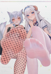 Rule 34 | 2girls, absurdres, animal ear fluff, animal ears, bare legs, blue eyes, blue hairband, blush, closed mouth, curled horns, ear piercing, feet, fishnet pantyhose, fishnets, foot focus, fox ears, fox tail, from below, grey hair, hair between eyes, hairband, highres, horns, looking at viewer, merry (meumy), meumy, multiple girls, no shoes, orange eyes, pantyhose, parted lips, piercing, qizhu, sheep ears, sheep horns, shirt, short sleeves, smile, soles, standing, standing on one leg, tail, toes, umy (meumy), virtual youtuber, white hair, white pantyhose, white shirt