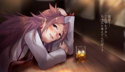 Rule 34 | 1girl, alcohol, blush, earrings, glass, highres, indoors, jacket, jewelry, jun&#039;you (kancolle), kantai collection, long hair, long sleeves, magatama, magatama earrings, open mouth, purple eyes, purple hair, solo, spiked hair, translation request, u yuz xx
