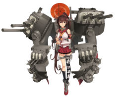 Rule 34 | 10s, 1girl, asymmetrical clothes, bad id, bad pixiv id, breasts, brown eyes, brown hair, female focus, flower, gorget, gun, hair flower, hair ornament, highres, kantai collection, large breasts, long hair, miniskirt, ponytail, rudder footwear, sanhon, single thighhigh, skirt, socks, solo, thighhighs, turret, umbrella, very long hair, weapon, yamato (kancolle)
