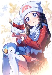 Rule 34 | 1girl, black hair, blue eyes, blush, character snowman, closed mouth, creatures (company), dawn (pokemon), dress, game freak, gen 4 pokemon, hair ornament, hairclip, hat, highres, long hair, long sleeves, nintendo, piplup, pokemon, pokemon (creature), pokemon dppt, pokemon platinum, red dress, scarf, shi mohaji, smile, snowflakes, thighhighs, white hat, white scarf, white thighhighs