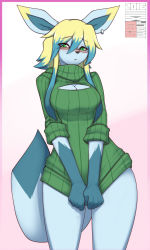 Rule 34 | 1girl, animal ears, artist name, bespectacled, blonde hair, blue hair, border, bottomless, breasts, cleavage, creatures (company), dated, earrings, eyes visible through hair, female focus, furry, furry female, game freak, gen 4 pokemon, glaceon, glasses, gradient background, green eyes, green sweater, half-closed eyes, highres, jewelry, large breasts, legs apart, looking at viewer, looking to the side, meme attire, multicolored hair, nintendo, open-chest sweater, own hands together, personification, pink background, pink border, pokemon, pokemon (creature), pokemon dppt, redwolfxiii, ribbed sweater, simple background, solo, standing, sweater, tail, text focus, turtleneck, turtleneck sweater, twintails, two-tone hair, v arms, watermark, white background