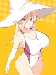 Rule 34 | 1girl, bare shoulders, blonde hair, blush, breasts, cleavage, collarbone, competition swimsuit, covered navel, elbow gloves, gloves, hair between eyes, hat, highres, large breasts, long hair, looking at viewer, nakamura yukitoshi, nijisanji, nui sociere, one-piece swimsuit, smile, solo, swimsuit, very long hair, virtual youtuber, white gloves, witch hat, yellow background, yellow eyes