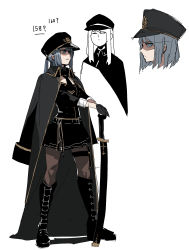 Rule 34 | 1girl, absurdres, black coat, black footwear, black jacket, black skirt, blue eyes, blue hair, boots, brown pantyhose, buttons, closed mouth, coat, coat on shoulders, double-breasted, gogalking, hat, highres, jacket, knee boots, long hair, long sleeves, looking at viewer, miniskirt, multiple views, open clothes, open coat, original, pantyhose, peaked cap, planted, planted sword, planted weapon, pleated skirt, ponytail, portia (gogalking), scabbard, sheath, sheathed, sideways glance, simple background, skirt, standing, sword, weapon, white background