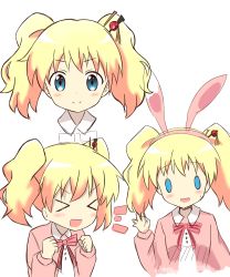 Rule 34 | &gt; &lt;, 10s, 1girl, :d, > <, a.a (aa772), alice cartelet, bad id, bad pixiv id, blonde hair, blue eyes, blush, character sheet, expressions, closed eyes, hair ornament, kin-iro mosaic, looking at viewer, multiple views, open mouth, school uniform, short hair, skirt, smile, twintails, white background, xd