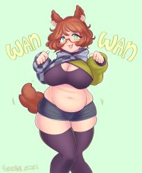 Rule 34 | 1girl, animal ears, black thighhighs, breasts, brown hair, cleavage, collar, dog ears, dog girl, english text, glasses, green background, green eyes, green nails, henemimi, highres, indie virtual youtuber, large breasts, midriff, mint castella, nail polish, open mouth, plump, red-framed eyewear, short shorts, shorts, simple background, skindentation, smile, solo, tail, thick thighs, thighhighs, thighs, virtual youtuber