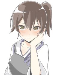 Rule 34 | 10s, 1girl, bad id, bad nicoseiga id, blush, brown eyes, brown hair, collarbone, hair between eyes, hand on own cheek, hand on own face, japanese clothes, kaga (kancolle), kantai collection, long hair, looking at viewer, masupa kiriu, muneate, side ponytail, simple background, solo, sweatdrop, white background
