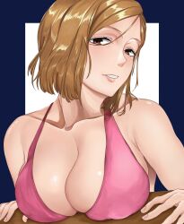 1girl absurdres bare_shoulders bikini breasts brown_eyes brown_hair cleavage collarbone female_focus fingernails highres jujutsu_kaisen kazukine kugisaki_nobara large_breasts looking_at_viewer navel pink_bikini short_hair solo swimsuit