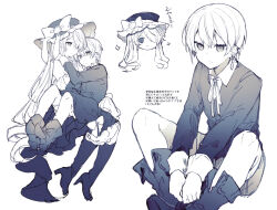 Rule 34 | 1boy, 1girl, chibi, chibi inset, closed mouth, collared shirt, dot mouth, earrings, edel (ikeuchi tanuma), full body, greyscale, hair between eyes, hair over one eye, hat, high heels, ikeuchi tanuma, jewelry, long hair, long sleeves, looking at viewer, monochrome, neck ribbon, one eye covered, original, own hands together, ribbon, rudy (ikeuchi tanuma), shirt, short hair, shorts, sidelocks, simple background, single earring, sitting, sitting on lap, sitting on person, straight hair, thighhighs, translation request, white background