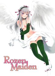 Rule 34 | 00s, elbow gloves, gloves, highres, long hair, nude, pink eyes, rozen maiden, silver hair, solo, suigintou, thighhighs, toshi hiroshi, wings