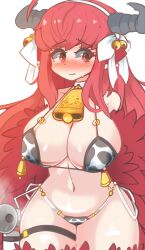 Rule 34 | 1girl, absurdres, ahoge, animal ears, animal print, bell, bikini, bird ears, blush, bow, breast pump, breasts, coco (eogks), commentary, covered erect nipples, cow print, fake horns, feathers, hair bell, hair bow, hair ornament, harpy, highres, horns, large breasts, long hair, milking machine, monster girl, navel, neck bell, nipple bells, nn (eogks), o-ring, o-ring bikini, original, red feathers, red hair, red wings, side-tie bikini bottom, solo, swimsuit, thigh strap, very long hair, white background, white bow, winged arms, wings