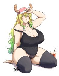 Rule 34 | 1girl, arm support, arm up, bare shoulders, batako (batakoart), black thighhighs, blonde hair, breasts, cleavage, closed eyes, covered erect nipples, drink, gradient hair, green hair, hat, highres, horns, horns through headwear, huge breasts, kobayashi-san chi no maidragon, long hair, lucoa (maidragon), multicolored hair, no pants, panties, plump, signature, sitting, solo, strap slip, sweat, tank top, thick thighs, thighhighs, thighs, underwear, white background