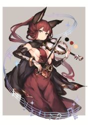 Rule 34 | 1girl, :&lt;, animal ears, armpits, black cape, blue dress, blunt bangs, breasts, brown eyes, cape, closed mouth, cropped legs, detached sleeves, dress, erune, granblue fantasy, grey background, highres, instrument, long hair, looking at viewer, medium breasts, mole, mole under eye, music, musical note, playing instrument, red hair, sash, selfira, simple background, solo, standing, very long hair, violin, watao