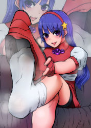 Rule 34 | 1girl, asamiya athena, blue hair, feet, foot focus, hairband, high heels, leg up, crossed legs, long hair, looking at viewer, lumina (artist), open mouth, pov, purple eyes, shoes, unworn shoes, single shoe, snk, socks, soles, steam, the king of fighters, the king of fighters &#039;98, white legwear