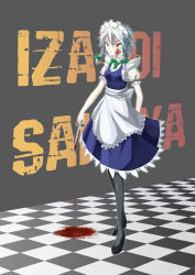 Rule 34 | 1girl, absurdres, black pantyhose, blood, blood on face, bow, braid, character name, checkered floor, dress, embodiment of scarlet devil, female focus, floor, full body, hair bow, highres, izayoi sakuya, knife, maid, maid headdress, pantyhose, red eyes, shinebell, short hair, silver hair, solo, throwing knife, touhou, twin braids, weapon