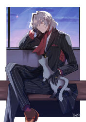 Rule 34 | 1boy, 2023, antonio salieri (fate), antonio salieri (second ascension) (fate), artist name, bags under eyes, black gloves, cat, closed mouth, crossed legs, elbow rest, empty eyes, fate/grand order, fate (series), feet out of frame, film grain, formal, gloves, grey hair, hair intakes, hand on own cheek, hand on own face, head rest, highres, indoors, jewelry, kimidorix32, long sleeves, male focus, medium hair, outside border, petting, pinstripe pattern, pinstripe suit, red eyes, red socks, ring, shooting star, sideways glance, signature, sitting, socks, solo, striped, suit, window
