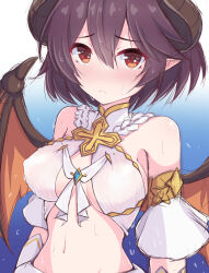 Rule 34 | 1girl, absurdres, bare shoulders, blue background, blush, breasts, closed mouth, commentary request, cosplay, cross, dancer, demon horns, detached sleeves, dragon girl, dragon horns, dragon wings, embarrassed, gradient background, grea (shingeki no bahamut), halterneck, highres, horns, kuroha koudai, looking at viewer, medium breasts, navel, pointy ears, princess connect!, purple hair, red eyes, shingeki no bahamut, short hair, sideboob, solo, stomach, sweat, underboob, upper body, wings, yui (ceremonial) (princess connect!), yui (princess connect!), yui (princess connect!) (cosplay)