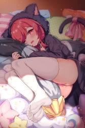 Rule 34 | 14c, 1girl, absurdres, animal ears, animal hood, ass, azur lane, black hoodie, blush, breasts, cat ears, cat tail, fake animal ears, highres, holding, holding pillow, hood, hoodie, hug, i-19 (azur lane), i-19 (pillowy paradise) (azur lane), long hair, long sleeves, looking at viewer, loungewear, lying, no shoes, hugging object, on side, one eye closed, open mouth, panties, pantyshot, pillow, pillow hug, pink panties, red eyes, red hair, ribbon, small breasts, smile, soles, solo, tail, tail ornament, tail ribbon, thighhighs, thong, toes, torpedo, twintails, underwear, wedgie, white thighhighs