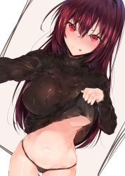 Rule 34 | 1girl, :p, bad id, bad pixiv id, black sweater, blush, breasts, closed mouth, clothes lift, commentary, cowboy shot, fate/grand order, fate (series), gluteal fold, hair between eyes, highres, hplay, indoors, large breasts, lifted by self, long hair, long sleeves, looking at viewer, no bra, panties, purple hair, purple panties, reaching, reaching towards viewer, red eyes, ribbed sweater, scathach (fate), selfie, shirt lift, smile, solo, standing, sweater, tongue, tongue out, underboob, underwear