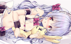 Rule 34 | 1girl, arm garter, blue hair, bow, bowtie, breasts, commentary request, hair bow, kurou (quadruple zero), long hair, looking at viewer, lying, maid headdress, navel, on side, original, red bow, red bowtie, small breasts, solo, stuffed animal, stuffed rabbit, stuffed toy, sweat, wrist cuffs