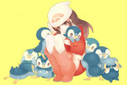 Rule 34 | 00s, 1girl, alternate costume, beanie, black hair, boots, brown eyes, coat, creatures (company), dawn (pokemon), game freak, gen 4 pokemon, gum (gmng), gumidemo kandero, hair ornament, hairclip, hat, long hair, nintendo, pink footwear, piplup, pokemon, pokemon (creature), pokemon dppt, scarf, thighhighs, white thighhighs, wide sleeves, winter clothes, yellow background