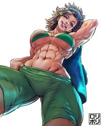 Rule 34 | 1girl, abs, arm up, bag, bikini, bikini top only, blue hairband, breasts, commentary, duffel bag, earrings, english commentary, eyelashes, eyeliner, from below, green bikini, green shorts, grey hair, grin, hairband, hand in pants, highres, jamrolypoly, jewelry, large breasts, lips, looking at viewer, lowleg, lowleg shorts, makeup, mole, mole under eye, muscular, muscular female, navel, original, pink eyes, scar, shorts, smile, solo, stud earrings, swimsuit, thick thighs, thighs, underboob, white background