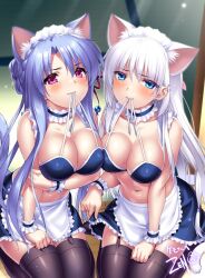 Rule 34 | 2girls, 3:, alternate costume, animal ear fluff, animal ears, apron, arm at side, arm under breasts, bare shoulders, black choker, black skirt, black thighhighs, blue eyes, blue hair, blush, bra in mouth, braid, breast hold, breast press, breasts, cat ears, cat girl, cat tail, choker, cleavage, closed mouth, clothes in mouth, clothes lift, collarbone, commentary request, commission, crown braid, day, embarrassed, enmaided, eyelashes, eyes visible through hair, frilled apron, frilled choker, frilled cuffs, frilled skirt, frills, frown, furrowed brow, garter straps, hair between eyes, hair ornament, hairclip, hand on own thigh, indoors, knees out of frame, large breasts, legs together, lifting own clothes, light rays, long hair, looking at viewer, maid, maid apron, maid headdress, multiple girls, naruse shiroha, purple eyes, seiza, shirt lift, sidelocks, signature, sitting, skeb commission, skirt, sorakado ao, summer pockets, sweat, symmetrical docking, tail, thighhighs, very long hair, white apron, white hair, white wrist cuffs, wrist cuffs, zen (kamuro), zettai ryouiki