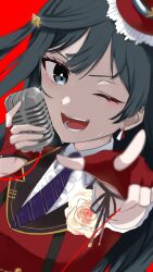 Rule 34 | 1girl, black hair, blurry, blurry foreground, chase! (love live!), collared shirt, commentary request, diagonal-striped clothes, diagonal-striped necktie, earrings, ebifuraaaaai, fingerless gloves, flower, gloves, grey eyes, hat, highres, holding, holding microphone, jacket, jewelry, long hair, looking at viewer, love live!, love live! nijigasaki high school idol club, microphone, necktie, one eye closed, one side up, open mouth, phone wallpaper, pointing, pointing at viewer, purple necktie, red background, red gloves, red hat, red jacket, rose, shirt, solo, striped clothes, sweat, tilted headwear, upper body, v-shaped eyebrows, vintage microphone, wallpaper, white flower, white rose, white shirt, yuki setsuna (love live!)