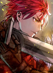 Rule 34 | 1boy, armor, diamant (fire emblem), fire emblem, fire emblem engage, from side, gloves, highres, holding, holding sword, holding weapon, looking to the side, male focus, nintendo, red eyes, red hair, solo, sword, t misaomaru, weapon
