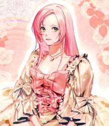 Rule 34 | 1girl, absurdres, bow, breasts, brown dress, cleavage, closed mouth, dress, flower, frilled dress, frills, green eyes, highres, jewelry, long hair, looking at viewer, necklace, onigirimayora, pendant, pink background, pink bow, pink hair, pink theme, rose, shuri von neuschwanstein, solo, the fantasie of a stepmother