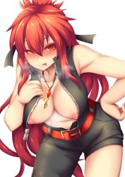 Rule 34 | 1girl, ;p, asymmetrical clothes, asymmetrical legwear, bare shoulders, blazing heart (elsword), blush, breasts, elesis (elsword), elsword, fi-san, highres, large breasts, leaning forward, long hair, looking at viewer, nipples, one eye closed, open clothes, open shirt, puffy nipples, red eyes, red hair, shirt, simple background, smile, solo, tongue, tongue out, transparent background, uneven legwear