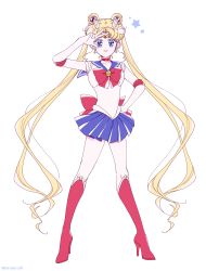 Rule 34 | 1girl, absurdly long hair, bad id, bad twitter id, bishoujo senshi sailor moon, blue eyes, blue skirt, boots, bow, brooch, buruburu18, choker, closed mouth, double bun, elbow gloves, full body, gloves, hair bun, hair ornament, hairclip, high heel boots, high heels, highres, jewelry, knee boots, long hair, parted bangs, pleated skirt, red bow, red choker, red footwear, sailor moon, skirt, solo, standing, star (symbol), tsukino usagi, twintails, v, very long hair, white background, white gloves
