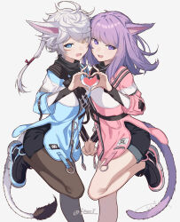 Rule 34 | 2girls, animal ears, black pantyhose, blue eyes, cat ears, cat girl, cat tail, facial mark, final fantasy, final fantasy xiv, heart, heart hands, heart hands duo, heterochromia, highres, holding hands, itsui (dihydrogenmonoxid), long hair, looking at viewer, miqo&#039;te, multiple girls, open mouth, pantyhose, ponytail, purple eyes, purple hair, shorts, standing, standing on one leg, tail, warrior of light (ff14), whisker markings, white background, white hair, yellow eyes
