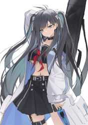 Rule 34 | &gt;:), 1girl, antenna hair, arm up, bag, belt buckle, black hair, black skirt, blue hair, breasts, buckle, catsmoon, closed mouth, coat, collar, collarbone, cowboy shot, crop top, crop top overhang, grey eyes, highres, holding, long sleeves, looking at viewer, medium breasts, midriff, multicolored hair, navel, neckerchief, open clothes, open coat, original, red neckerchief, simple background, skirt, smile, solo, stomach, thigh strap, two-tone hair, two side up, underboob, v-shaped eyebrows, white background, white coat