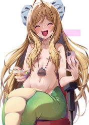 Rule 34 | 1girl, :d, ^ ^, ahoge, amasora taichi, breasts, cellphone, chair, closed eyes, hair over breasts, holding, holding phone, jashin-chan, jashin-chan dropkick, lamia, monster girl, navel, on chair, open mouth, phone, simple background, sitting, small breasts, smile, solo, topless, wallet, white background