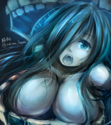 Rule 34 | 10s, 1girl, abyssal ship, artist name, blue eyes, breasts, hair over one eye, kantai collection, large breasts, long hair, looking at viewer, open mouth, pale skin, sakura ani, solo, twitter username, yo-class submarine