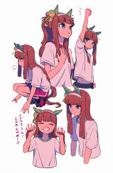 Rule 34 | 1girl, ^ ^, absurdres, animal ears, appleq, arm up, brown hair, clenched hand, closed eyes, commentary request, grin, hairband, hand up, highres, horse ears, horse girl, horse tail, long hair, multiple views, notice lines, ponytail, red footwear, red shorts, shirt, shoes, short sleeves, shorts, silence suzuka (umamusume), simple background, smile, squatting, sweat, tail, tiptoes, translation request, umamusume, v-shaped eyebrows, very long hair, white background, white hairband, white shirt