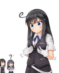 Rule 34 | &gt;:), 3girls, :d, ahoge, aqua sailor collar, arms at sides, asashio (kancolle), black hair, black skirt, black vest, blue eyes, blue ribbon, blush, breast hold, breasts, buttons, chibi, closed eyes, collared shirt, comiching, commentary, cosplay, d:, dress shirt, expressive hair, gloves, hair ornament, hairclip, highres, kantai collection, long hair, looking at another, looking down, medium hair, motion lines, multiple girls, neck ribbon, open mouth, own hands together, oyashio (kancolle), oyashio (kancolle) (cosplay), pleated skirt, question mark ahoge, ribbon, sailor collar, school uniform, serafuku, shirt, short sleeves, simple background, skirt, smile, tears, ushio (kancolle), v-shaped eyebrows, vest, white background, white gloves, white shirt, wing collar, | |