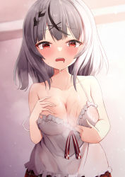 Rule 34 | 1girl, absurdres, black hair, blush, braid, breasts, camisole, camisole pull, cleavage, clothes pull, d:, frilled camisole, frills, grey hair, hair ornament, hands on own chest, highres, hololive, large breasts, looking at viewer, makino maki, medium hair, multicolored hair, open mouth, plaid, plaid skirt, pulled by self, red eyes, sakamata chloe, see-through, sidelocks, skirt, solo, streaked hair, sweat, teeth, upper teeth only, virtual youtuber, wet, wet clothes, white camisole, x hair ornament