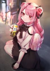Rule 34 | 1girl, backpack, bad id, bad pixiv id, bag, bare shoulders, bendy straw, black bow, black footwear, black skirt, blurry, blurry background, blush, bow, can, clothing cutout, commentary request, depth of field, double bun, drinking straw, hair bow, hair bun, highres, holding, holding can, lace, lace-trimmed skirt, lace trim, long hair, long sleeves, looking at viewer, looking to the side, minami saki, original, parted lips, pink hair, puffy long sleeves, puffy sleeves, red eyes, shirt, shoes, shoulder cutout, skirt, solo, squatting, strong zero, very long hair, white shirt