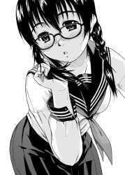 Rule 34 | 1girl, braid, glasses, greyscale, hair over shoulder, monochrome, ooshiro youkou, original, school uniform, serafuku, solo, twin braids