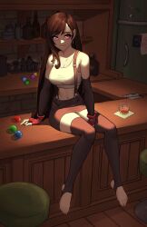 Rule 34 | 1girl, absurdres, alcohol, arm support, ball, bar (place), bare shoulders, between legs, billiard ball, black gloves, black thighhighs, breasts, brown hair, cleavage, closed mouth, collarbone, commentary, elbow gloves, eyelashes, feet, final fantasy, final fantasy vii, final fantasy vii remake, fingerless gloves, full body, gloves, hand between legs, highres, indoors, large breasts, legs, long hair, looking at viewer, midriff, miniskirt, navel, no shoes, on counter, parted bangs, pink eyes, red gloves, romaji commentary, shadow, sitting, skirt, smile, solo, sports bra, stirrup legwear, suspender skirt, suspenders, swept bangs, thighhighs, thighs, tifa lockhart, toeless legwear, toenails, toes, white sports bra, wooden floor, x xith x, zettai ryouiki