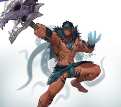 Rule 34 | 1boy, abs, anchor necklace, animal skull, bara, bare pectorals, bulge, dark-skinned male, dark skin, foot out of frame, foreshortening, holding, holding staff, jin (sirius-j), large pectorals, loincloth, male focus, mature male, multicolored hair, muscular, muscular male, navel, necklace, nipples, pectorals, revealing clothes, shaman, short hair, sideburns, smile, solo, spiked hair, staff, stomach, stomach tattoo, tangaroa (housamo), tangaroa mugen (housamo), tattoo, thick thighs, thighs, tokyo houkago summoners, tribal, tribal tattoo, two-tone hair