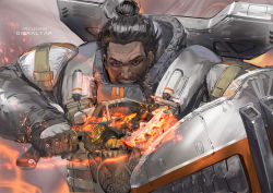 Rule 34 | 1boy, apex legends, armor, axe, backpack, bag, black eyes, black hair, character name, copyright name, dark-skinned male, dark skin, gibraltar (apex legends), gloves, glowing, glowing weapon, grey gloves, hair behind ear, hair bun, holding, holding axe, holding shield, male focus, open mouth, science fiction, shield, single hair bun, solo, weapon, yoshimoto (dear life)