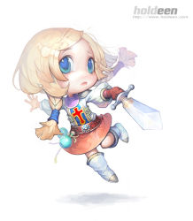 Rule 34 | blonde hair, blue eyes, boots, braid, chibi, dean holdeen, short twintails, skirt, solo, sword, twintails, weapon