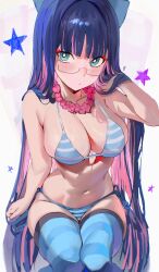 Rule 34 | 1girl, absurdres, bikini, blue thighhighs, breasts, cleavage, closed mouth, glasses, hand in own hair, highres, large breasts, looking at viewer, multicolored hair, navel, odyssey 21, panty &amp; stocking with garterbelt, pink hair, purple hair, rectangular eyewear, semi-rimless eyewear, sitting, solo, star (symbol), stocking (psg), striped bikini, striped clothes, swimsuit, thighhighs
