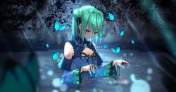 Rule 34 | 1girl, blue butterfly, blue dress, blue hair, blurry, blurry foreground, bug, butterfly, closed mouth, commentary request, detached collar, double bun, dress, earrings, flat chest, green hair, hair between eyes, hair bun, highres, hololive, insect, jewelry, long hair, long sleeves, looking away, multicolored hair, partially submerged, red eyes, skeletal arm, solo, streaked hair, upper body, uruha rushia, uruha rushia (1st costume), virtual youtuber, water, wide sleeves, yoruillust