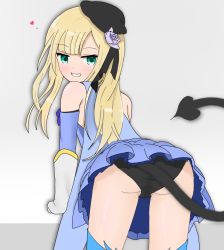 Rule 34 | 1girl, ass, atsumisu, bad id, bad pixiv id, bare shoulders, beret, black hat, black panties, blonde hair, blue dress, blue sleeves, blue thighhighs, blush, commentary request, demon tail, detached sleeves, dress, elbow gloves, fate/kaleid liner prisma illya, fate (series), flower, gloves, green eyes, grey background, grin, hair flower, hair ornament, hat, heart, highres, leaning forward, long hair, long sleeves, looking at viewer, looking back, lord el-melloi ii case files, panties, purple flower, purple rose, reines el-melloi archisorte, rose, sleeveless, sleeveless dress, smile, solo, tail, thighhighs, tilted headwear, two-tone background, underwear, white gloves